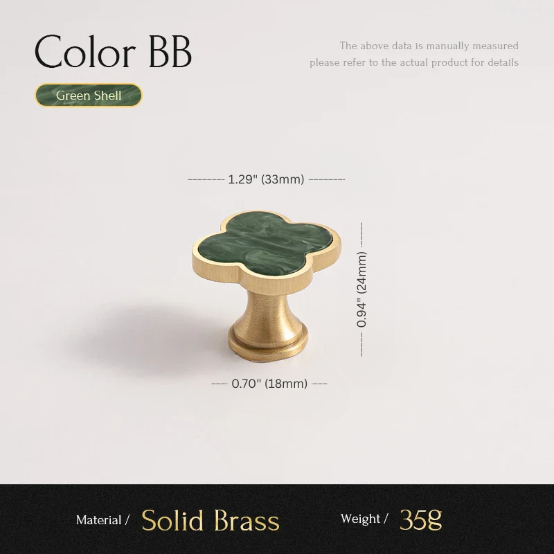 Solid brass cabinet knob with green shell design and measurements on a white background