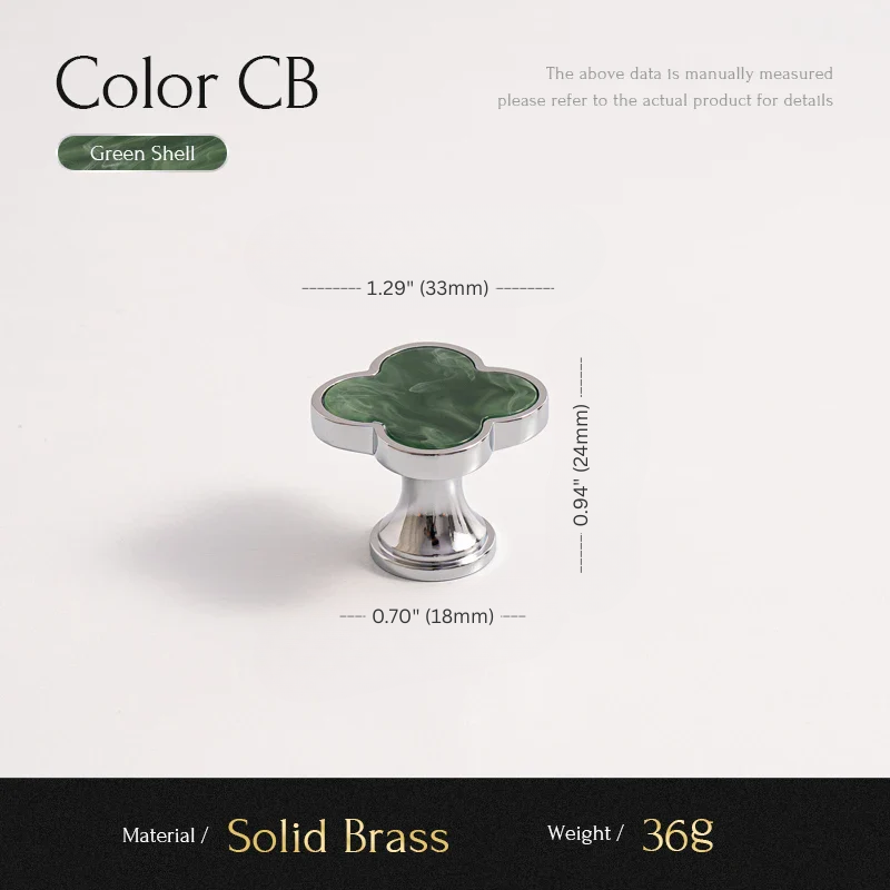 Cabinet knob with green shell and measurements on a white background