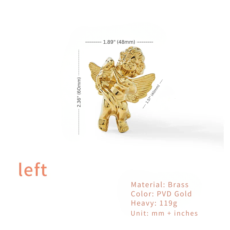 Gold angel figurine with measurements on a white background