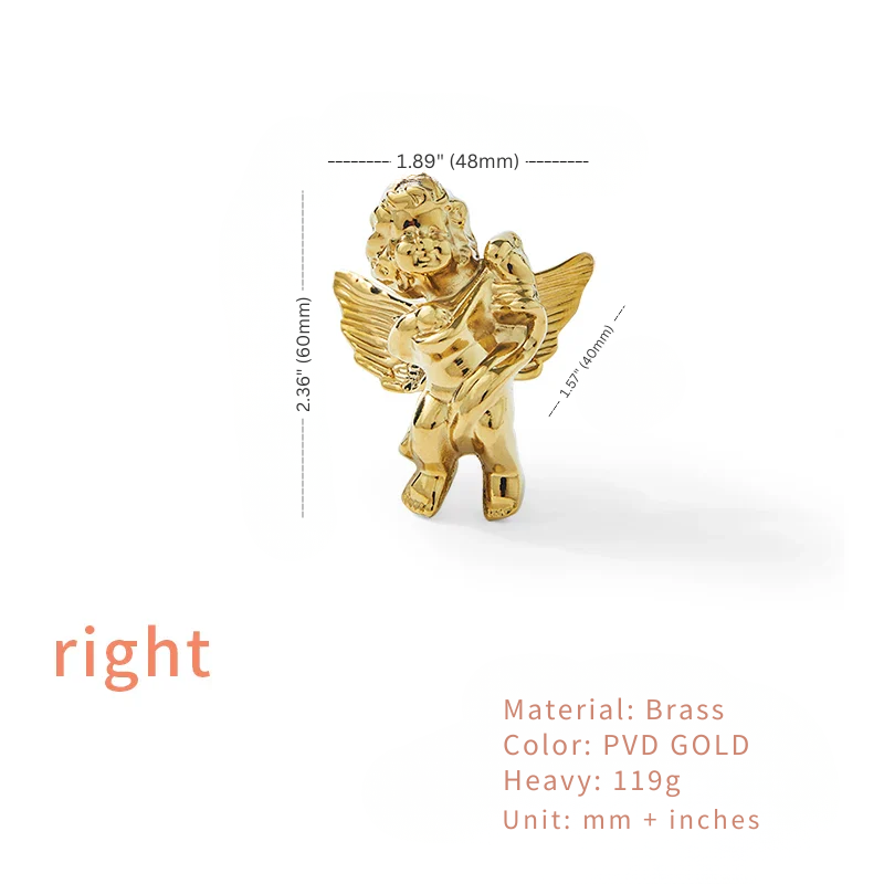 Gold cherub figurine with measurements on a white background