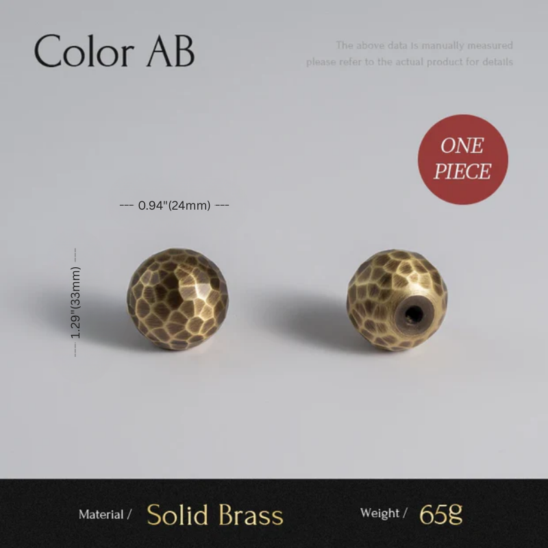 Two solid brass beads with measurements and material details on a gray background
