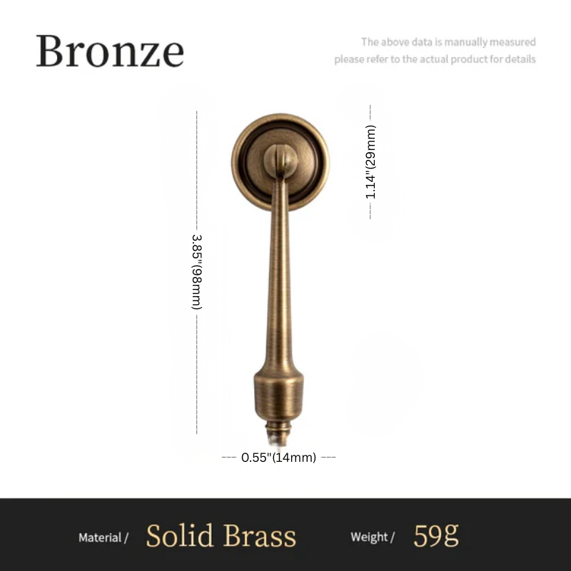 Bronze door handle with dimensions and material details on a white background