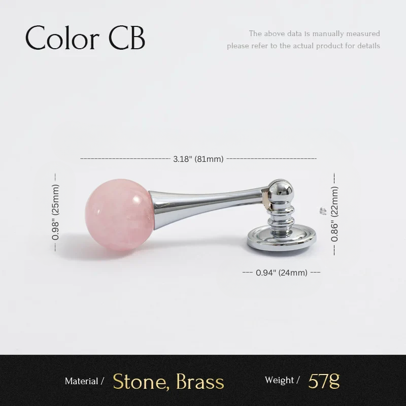 Measurement chart of a pink stone and brass handle with dimensions and material details.