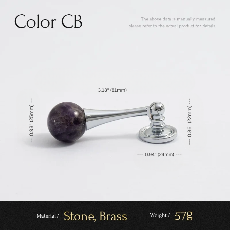 Measurement chart of a decorative item with stone and brass components on a white background.