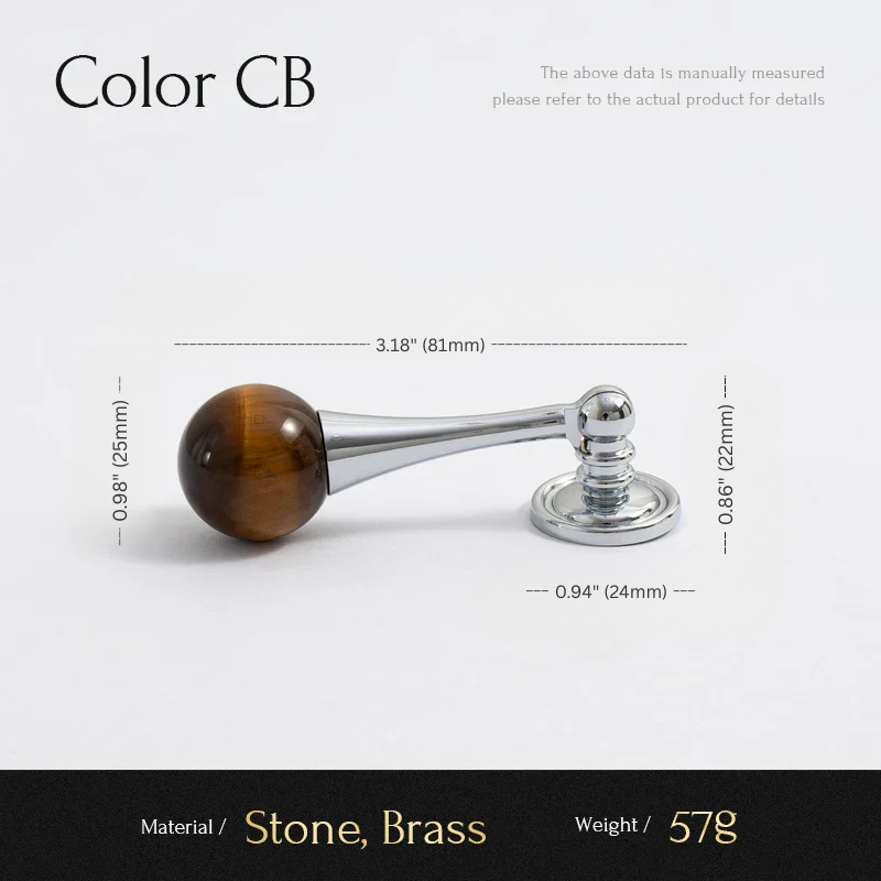 Measurement chart of a decorative item with stone and brass components on a white background.