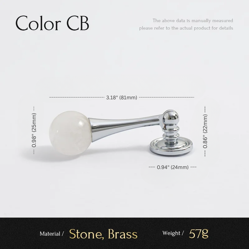 Measurement chart for a decorative item with stone and brass components on a white background.