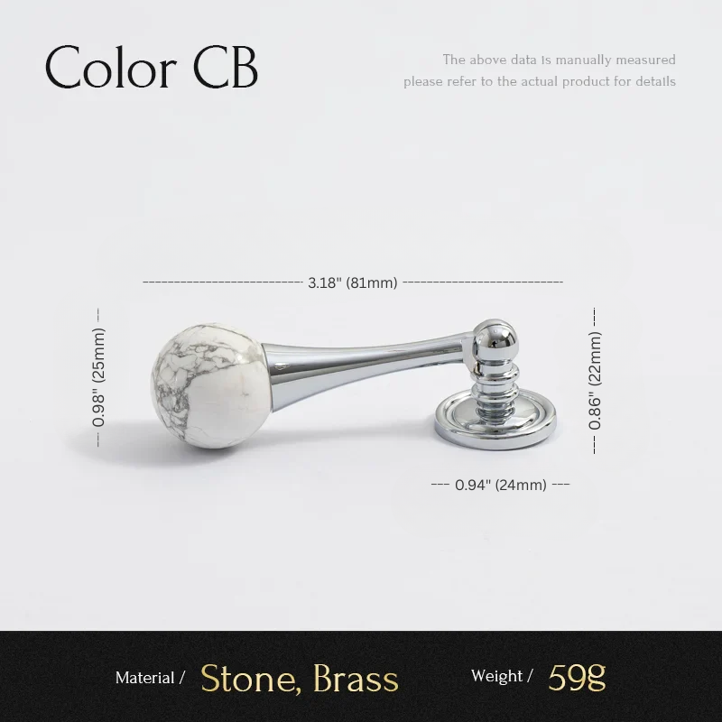 Measurement chart of a decorative knob with stone and brass components on a white background.