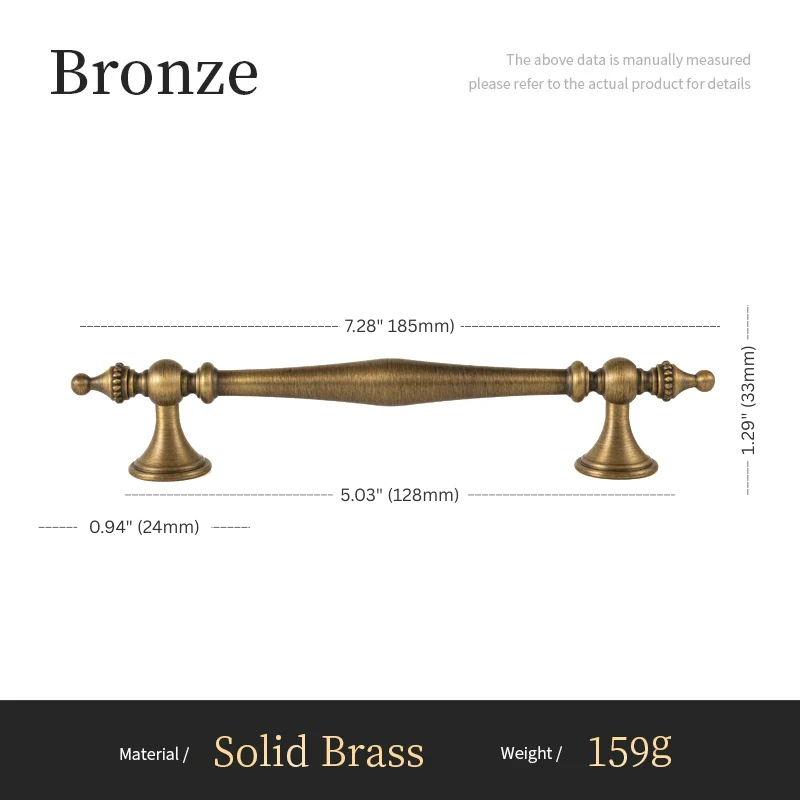 Bronze cabinet pull with dimensions and material details on a white background