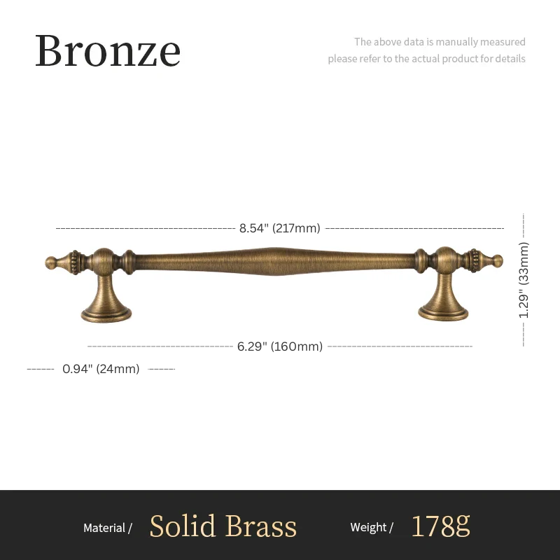 Bronze cabinet pull with dimensions and material details on a white background