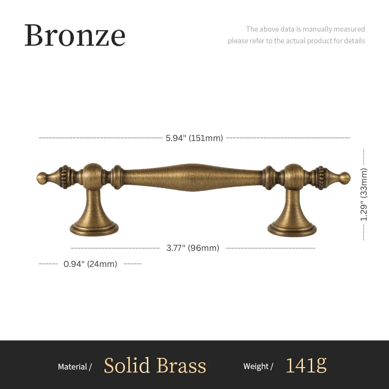 Bronze cabinet handle with dimensions and material details on a white background