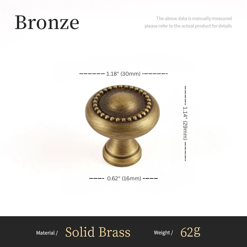Bronze cabinet knob with measurements and material details on a white background