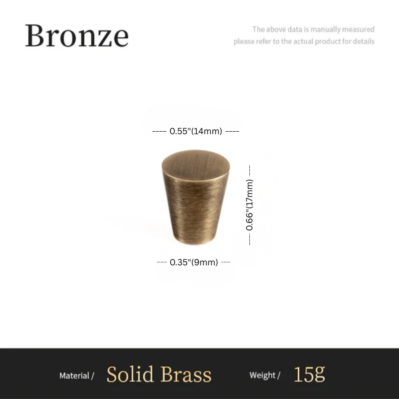 Bronze cylindrical object with measurements on a white background