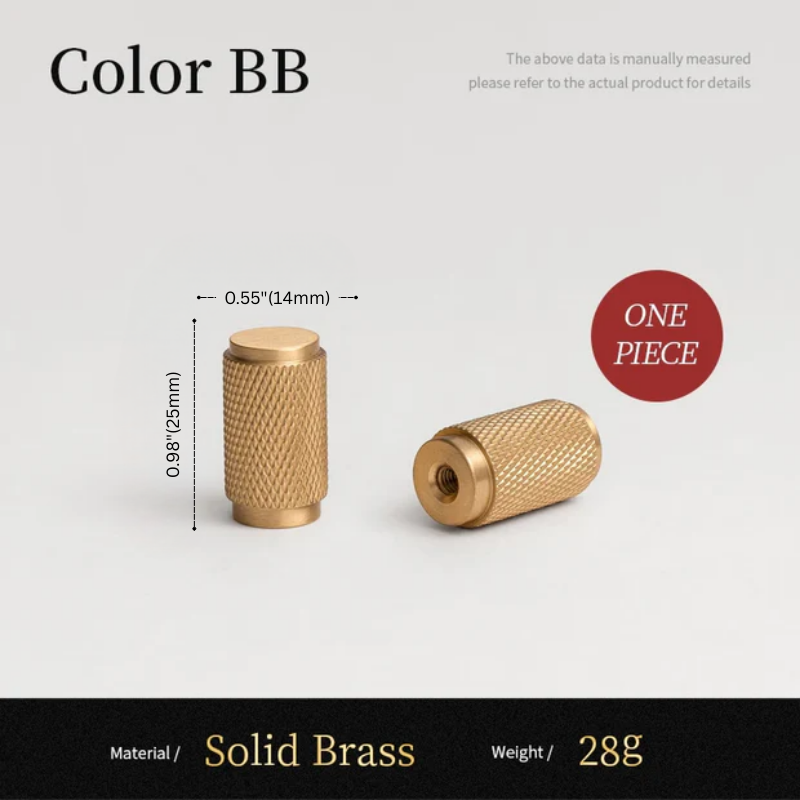 Solid brass cylindrical object with measurements and material details on a light gray background