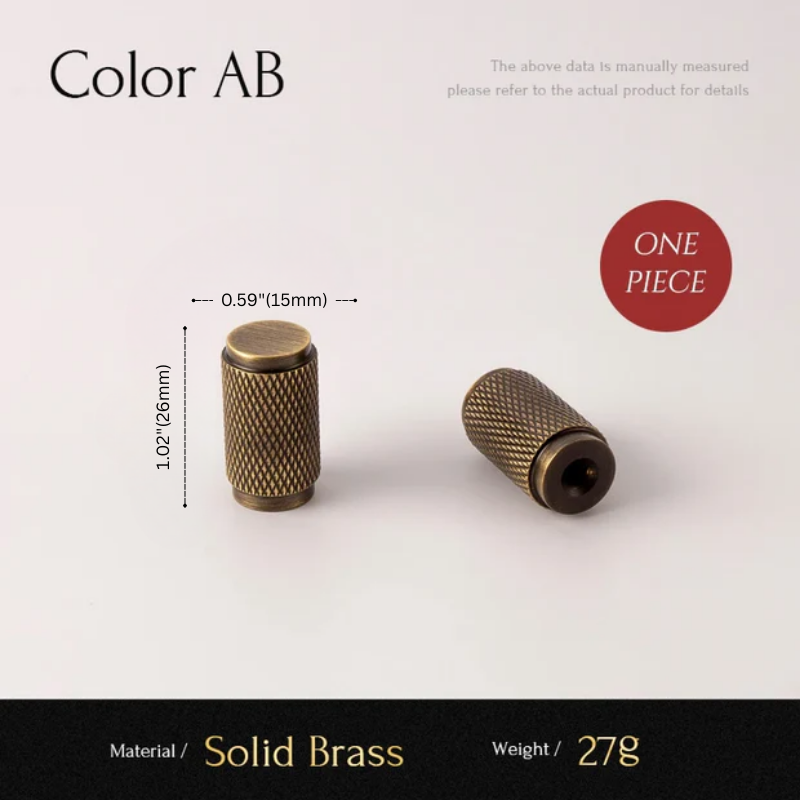 Solid brass knob with measurements and material details on a white background
