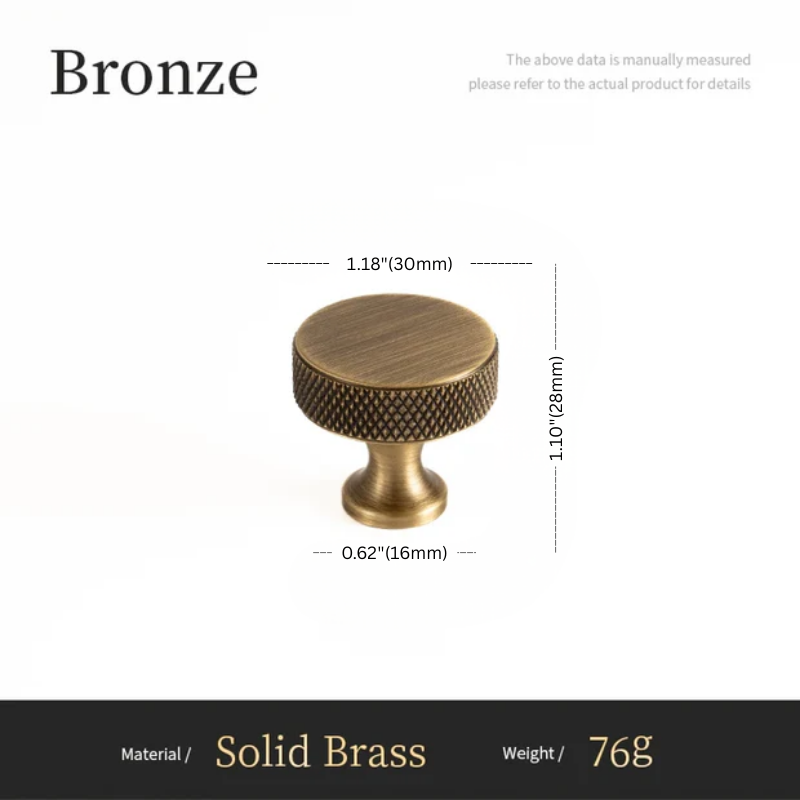Bronze cabinet knob with dimensions and material details on a white background