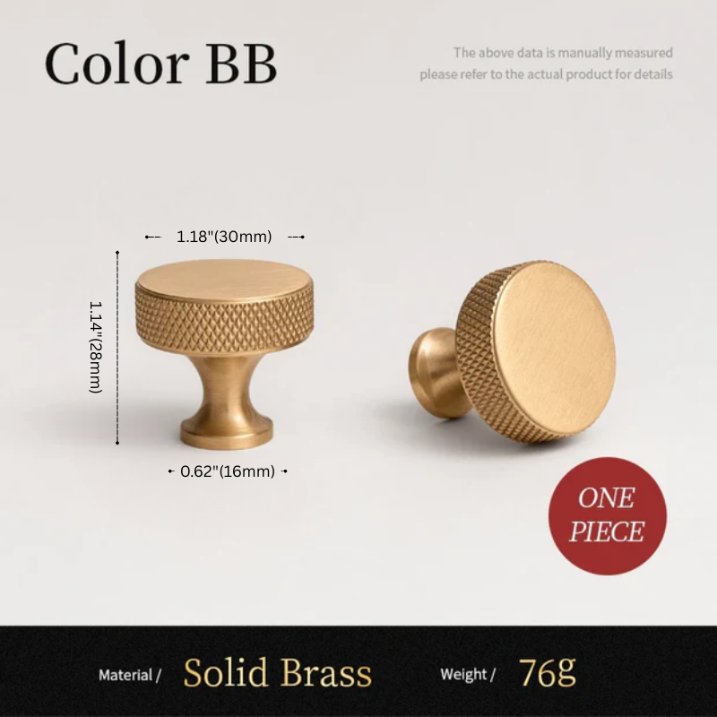 Gold cabinet knobs with measurements and material details on a light gray background