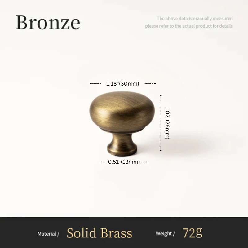 Bronze cabinet knob with measurements on a white background