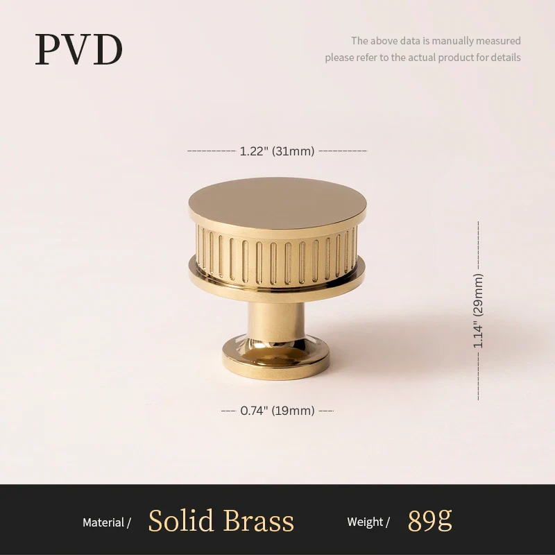 Gold knob with dimensions and material information on a white background