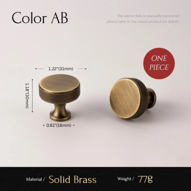 Two brass cabinet knobs with measurements and material details on a light gray background