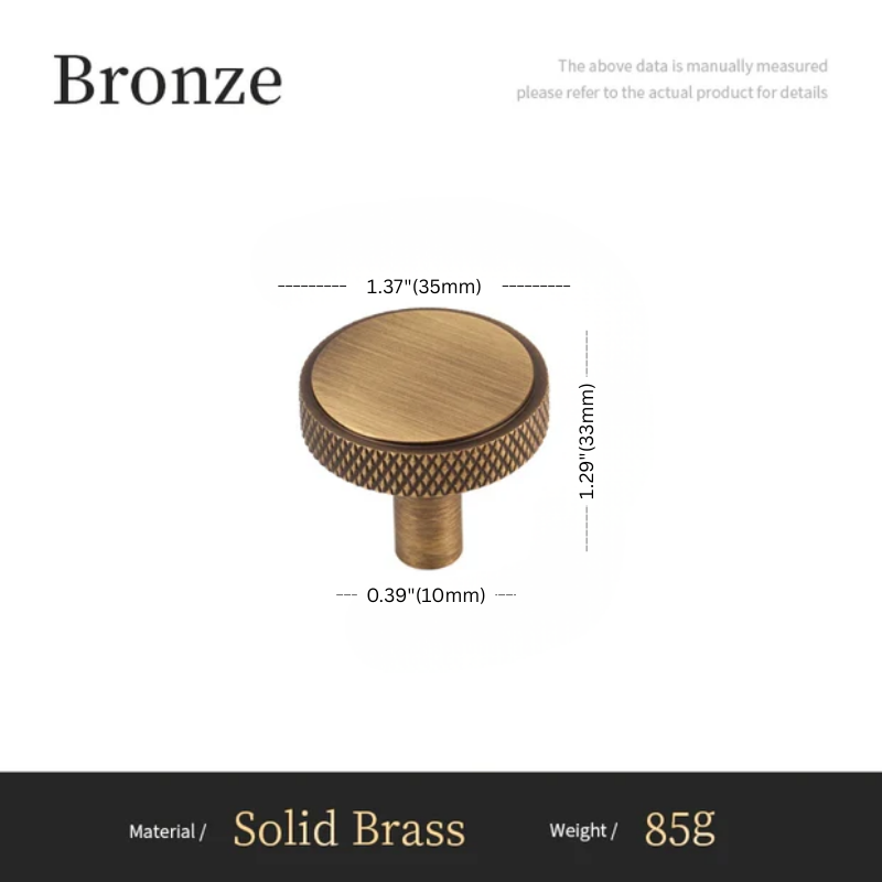 Bronze cabinet knob with measurements on a white background