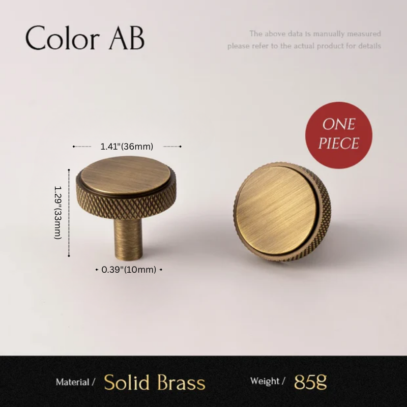 Two brass knobs with measurements and material details on a light background