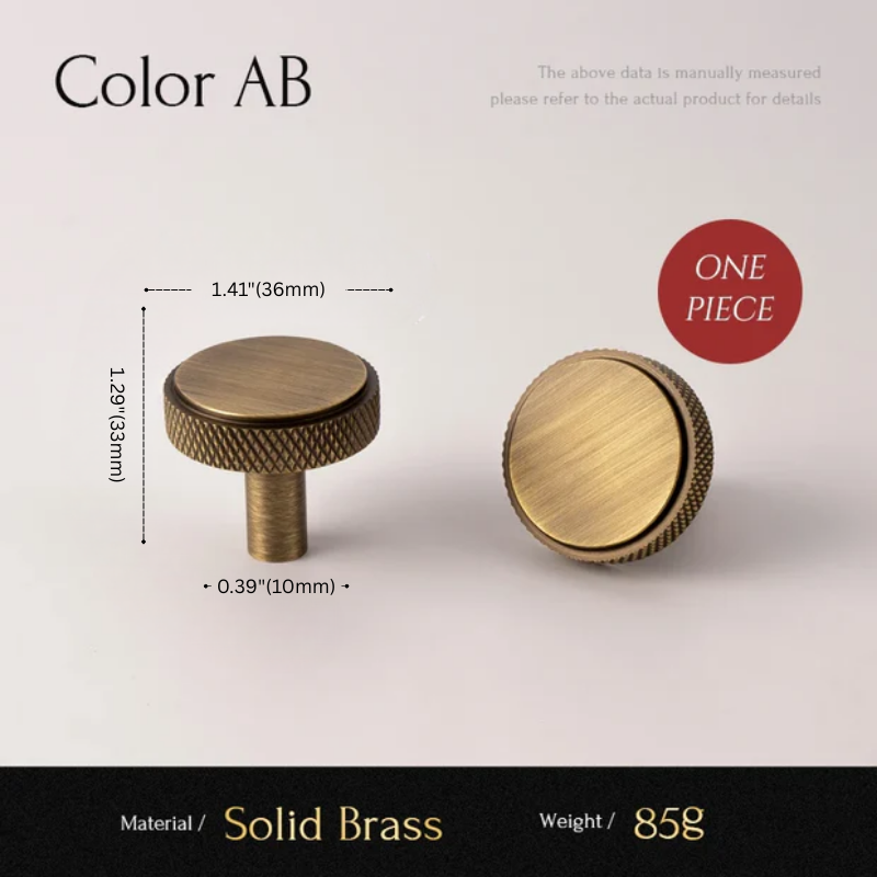 Two brass knobs with measurements and material details on a light gray background