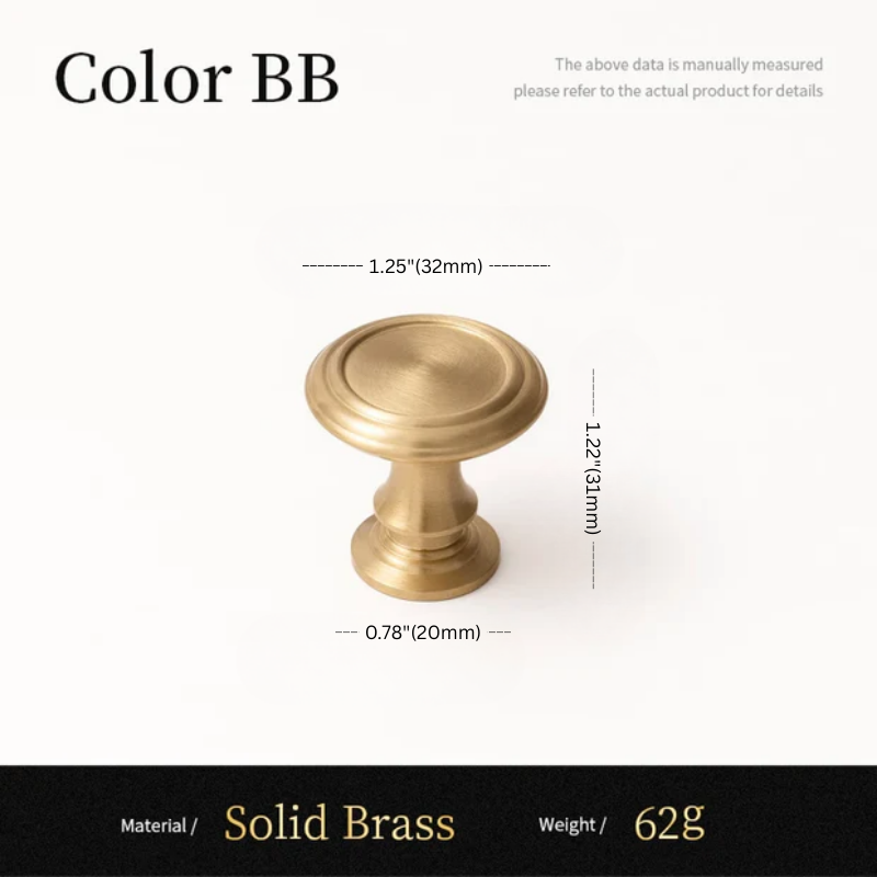 Gold cabinet knob with measurements on a white background