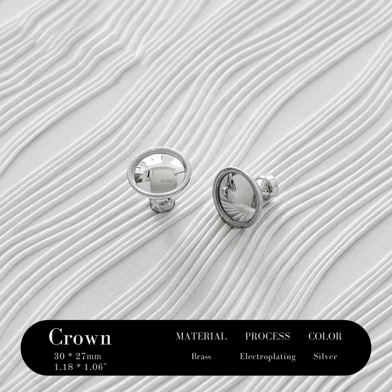 Silver earrings on a textured white surface with product details at the bottom.