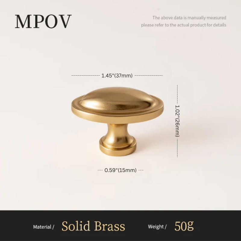 Gold cabinet knob with dimensions and material details on a white background