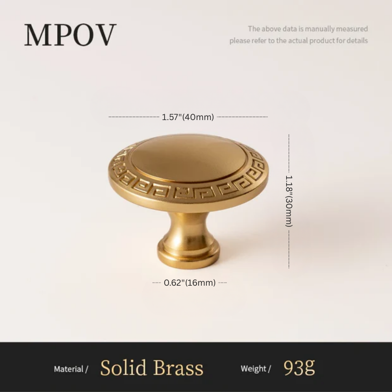 Gold cabinet knob with dimensions and material details on a white background