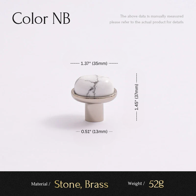 Cabinet knob with marble design and brass finish, showing measurements and material details on a white background.