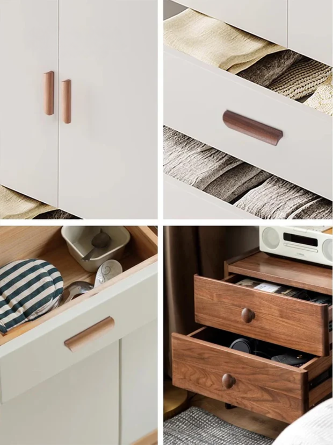 Collage of wooden drawers with handles in different settings.