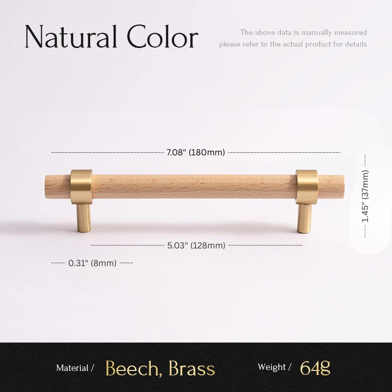 Cabinet handle with dimensions and material details on a light gray background