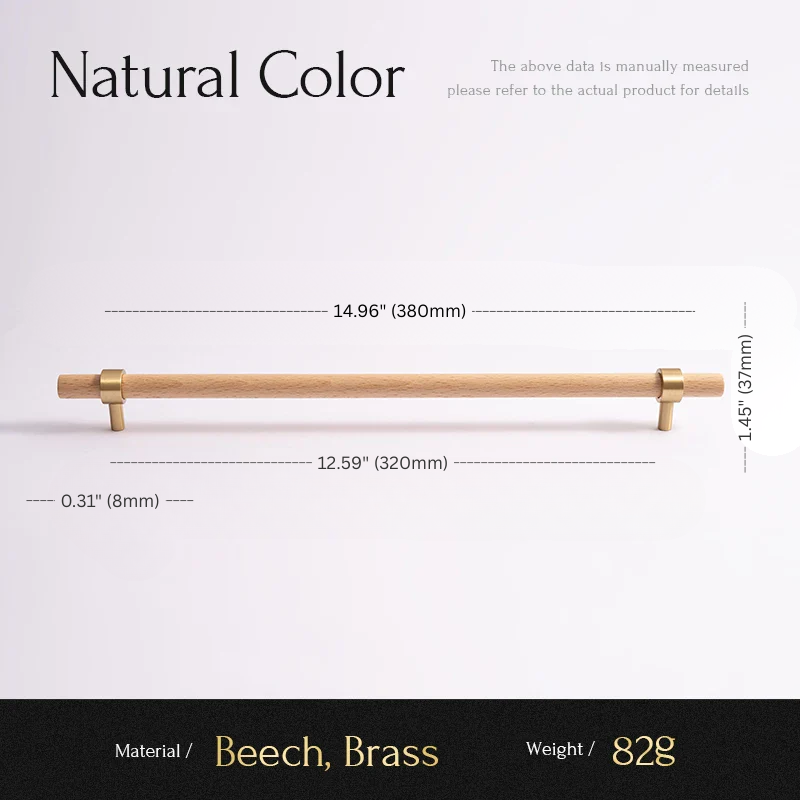 Wooden bar with brass fixtures and measurements on a white background