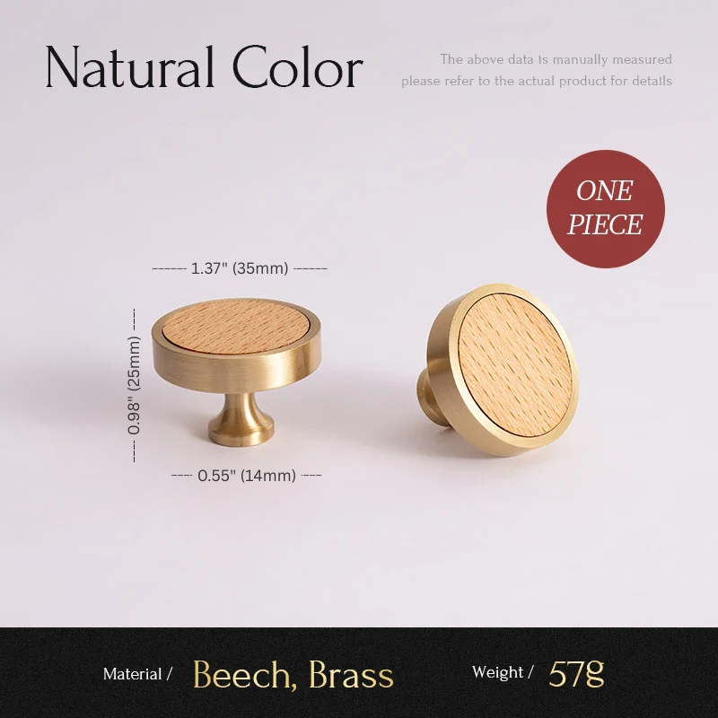 Two brass cabinet knobs with measurements and material details on a light gray background