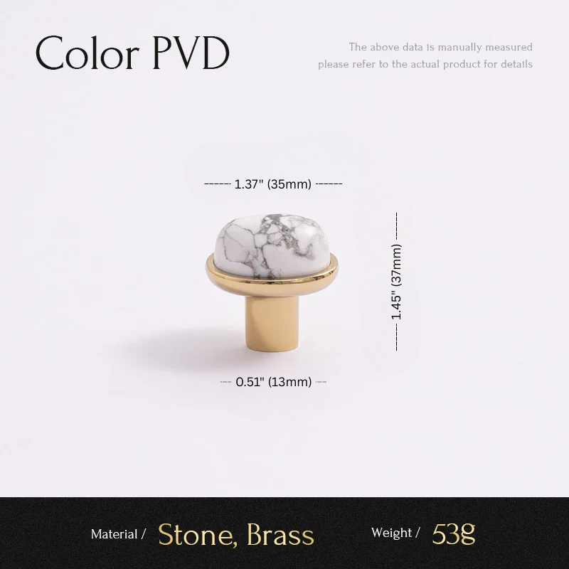 Measurement chart of a decorative knob with stone and brass design on a white background.