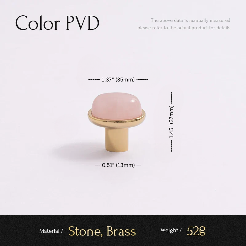 Pink stone and brass knob with measurements on a light gray background