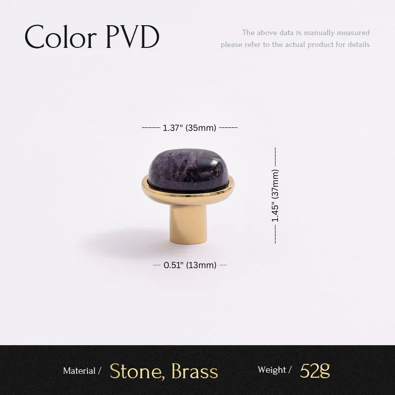 Decorative knob with stone and brass design, showing measurements and material details on a white background.