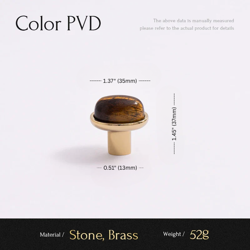 Measurement chart for a stone and brass product with dimensions and material details.