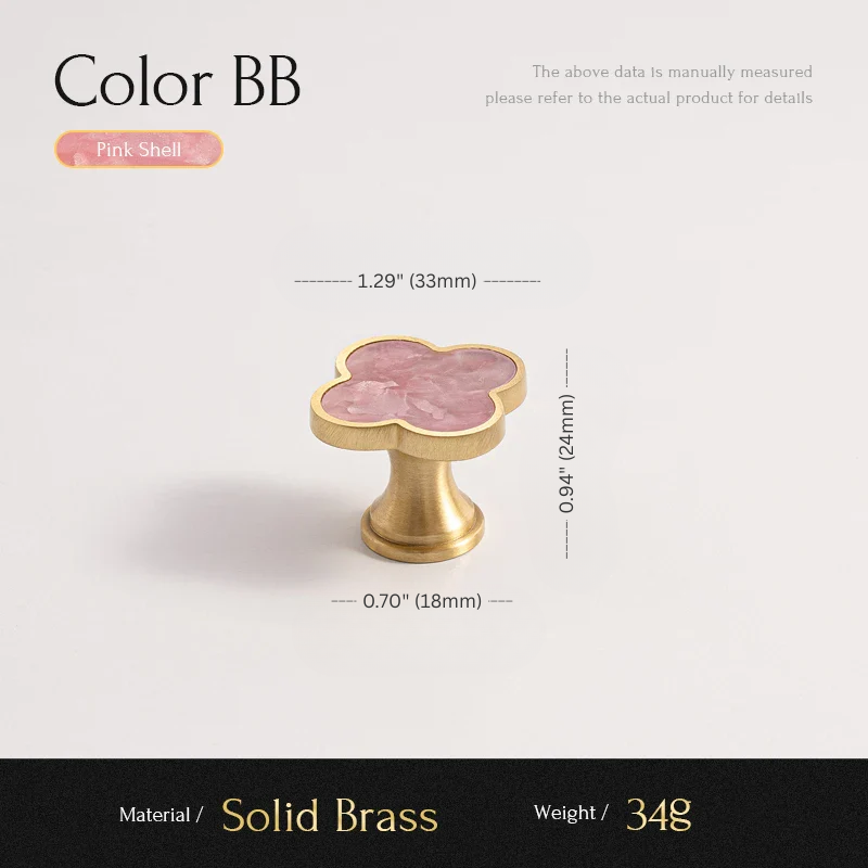 Cabinet knob with pink shell and gold base, showing measurements and material details.