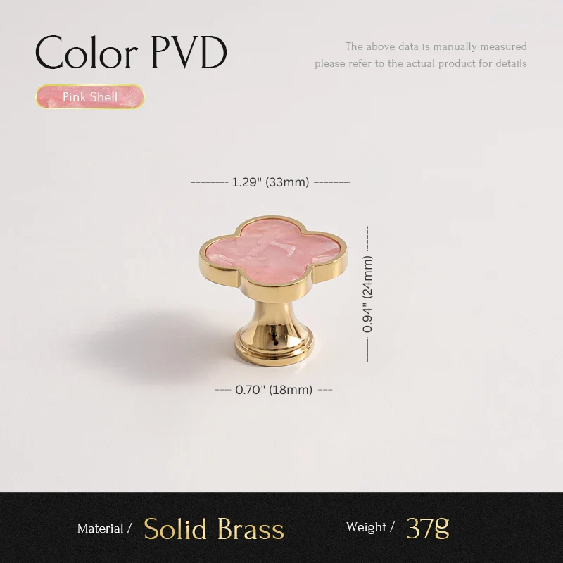 Pink shell cabinet knob with gold base and measurements on a white background