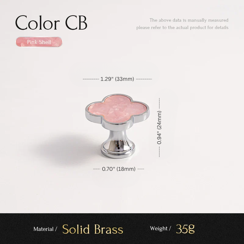 Pink shell cabinet knob with measurements on a white background
