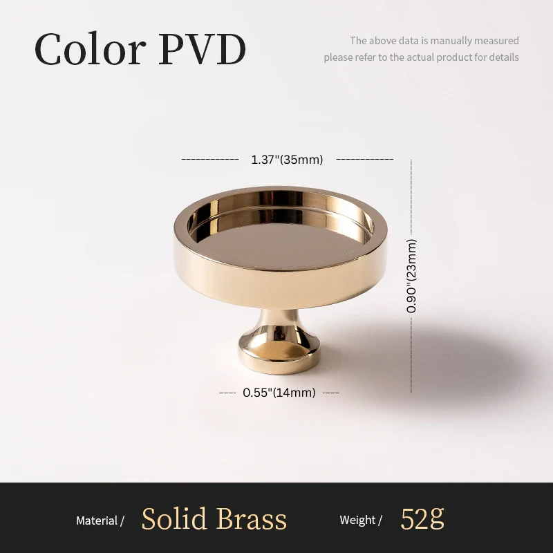 Gold-colored decorative object with dimensions and material details on a white background