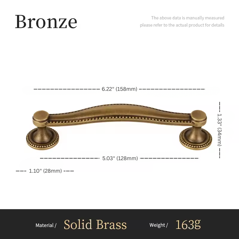 Bronze cabinet handle with dimensions and material details on a white background