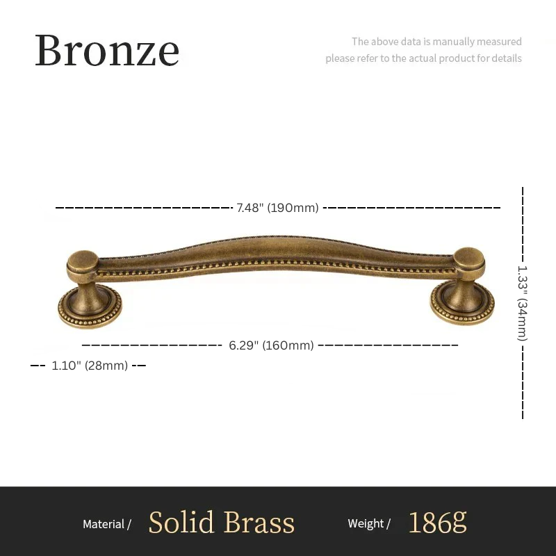 Bronze cabinet handle with dimensions and material details on a white background