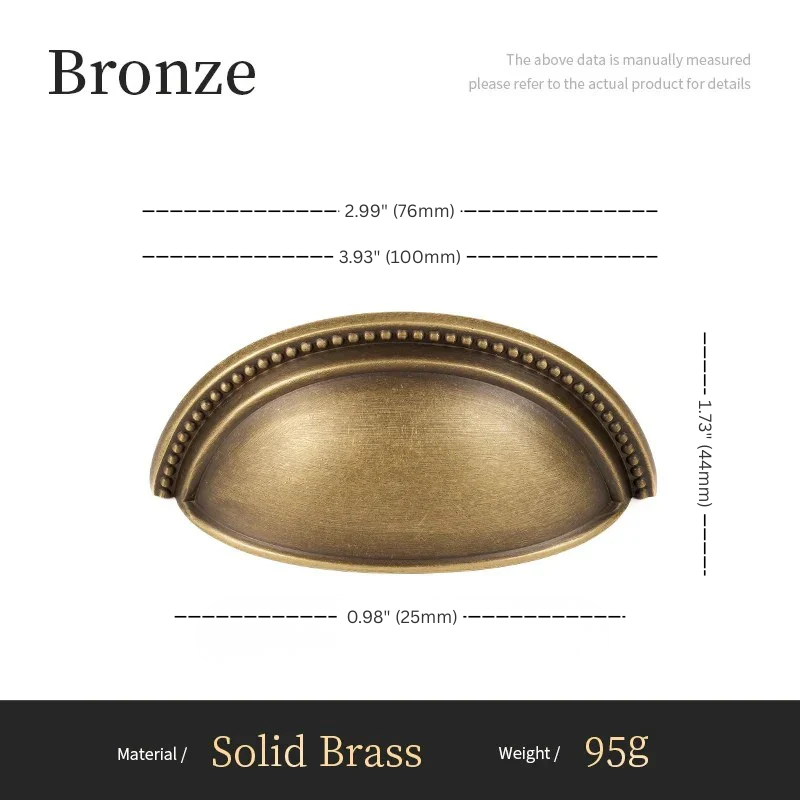 Bronze cabinet handle with dimensions and material details on a white background