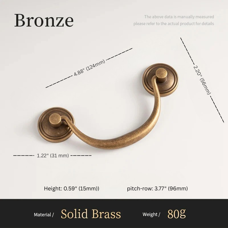 Bronze cabinet handle with dimensions and material details on a white background