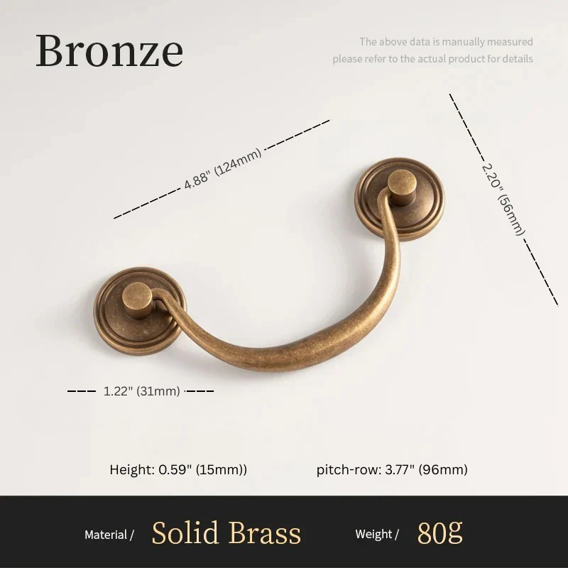 Bronze cabinet handle with dimensions and material details on a white background