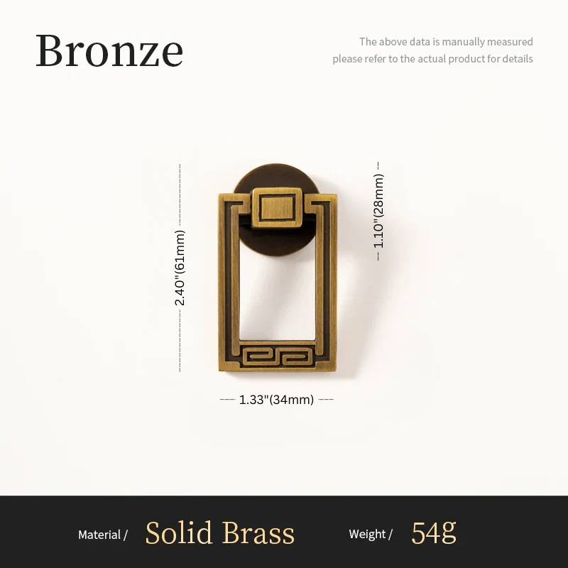 Bronze door knocker with dimensions and material details on a white background