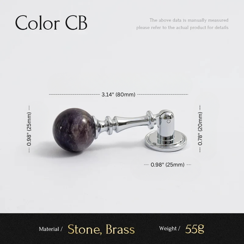 Measurement chart of a decorative item with stone and brass components on a white background.
